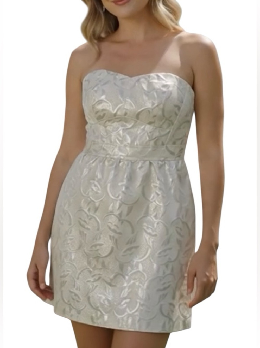 🆕 Bridal Events Mini Dress Jacquard Print Strappy or Strapless Cream Silver 12